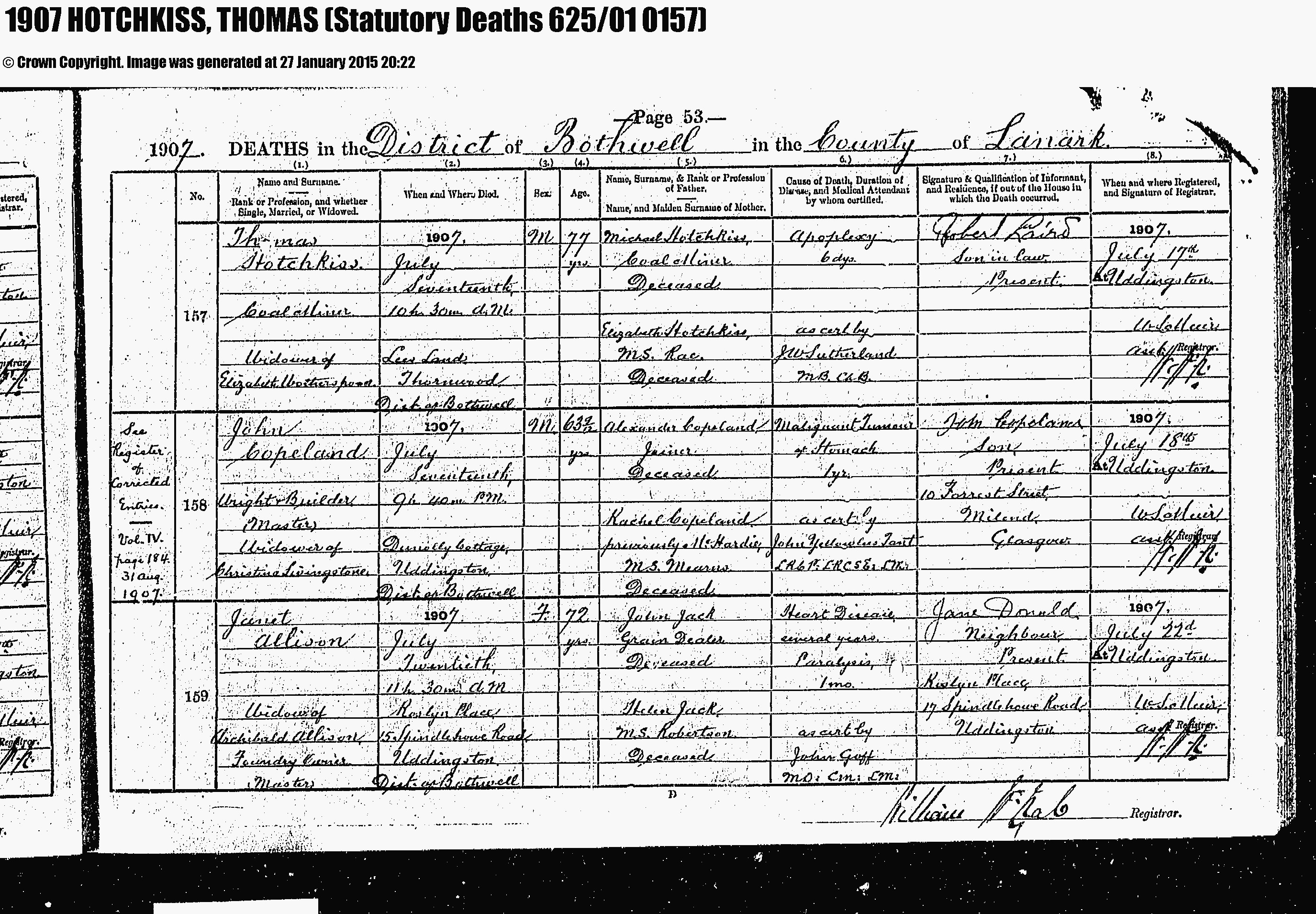 Thomas Hotchkiss Death Register, July 17, 1907, Linked To: <a href='i2526.html' >Michael Hotchkiss</a>